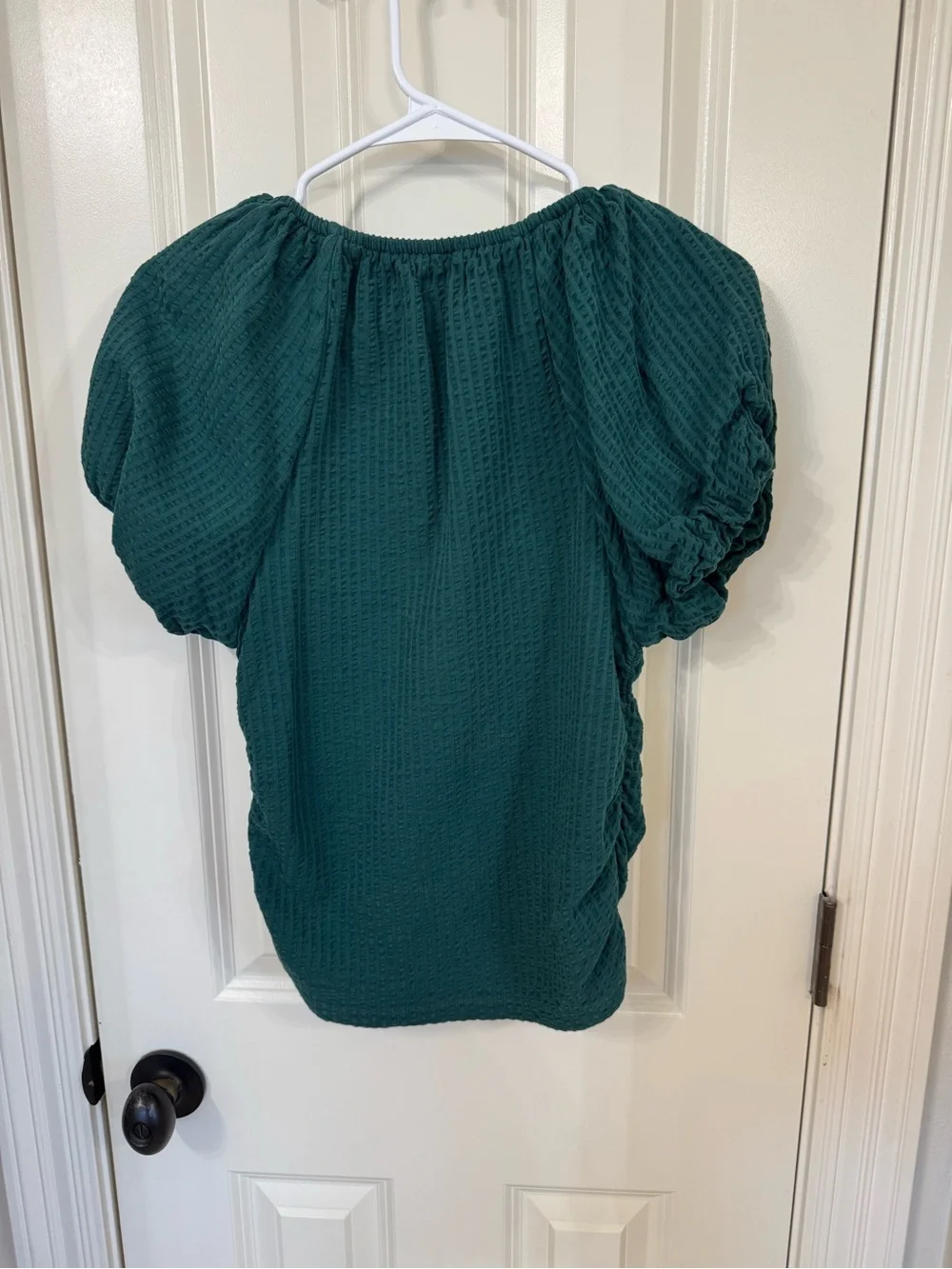 LOFT Emerald Green Ruched V-Neck Puff Sleeve Blouse